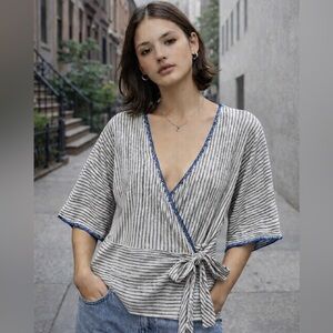 Sundance Linen Blend Wrap Top Medium Striped Tie Waist Boho Blouse